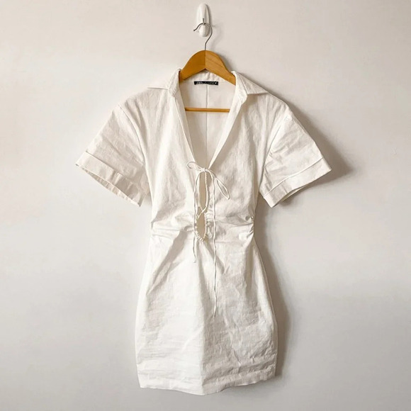 Zara Stretch Linen Blend Shirt Mini Dress Ecru White Blogger Fav Size Small - Picture 6 of 11